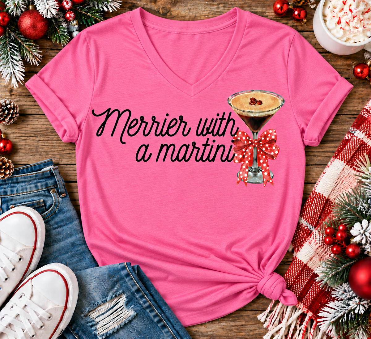 Merrier with a Martini holiday graphic apparel mockup.