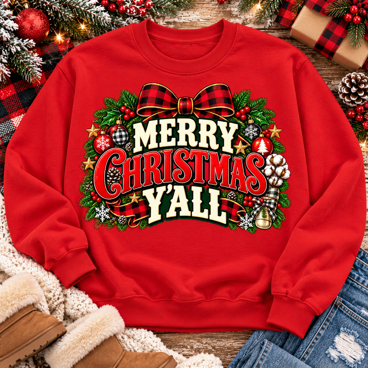 Merry Christmas Y'all graphic apparel featuring vintage red, green, and cream lettering with a festive buffalo plaid bow, Christmas ornaments, pine greenery, and rustic holiday decorations. Southern Christmas graphic available in two colors and four styles, including short sleeve crewneck, V-neck, long sleeve, and hoodie.