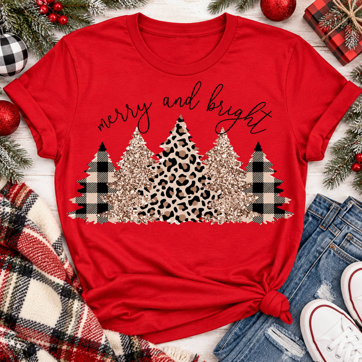 Merry and Bright Christmas graphic apparel featuring leopard print, buffalo plaid and glitter-inspired gold Christmas trees, available in three colors and four styles including crewneck tee, V-neck tee, sweatshirt and hoodie.
