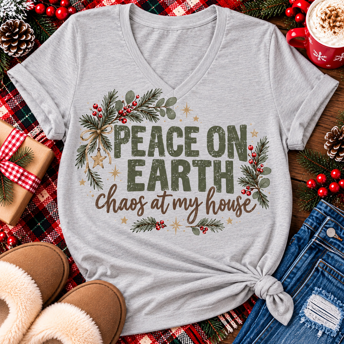 Peace on Earth Chaos at My House funny Christmas graphic apparel featuring distressed olive green lettering, rustic pine greenery, red berries and gold stars, available in sand and sport grey in short sleeve crewneck tees, V-neck tees, sweatshirts and hoodies.