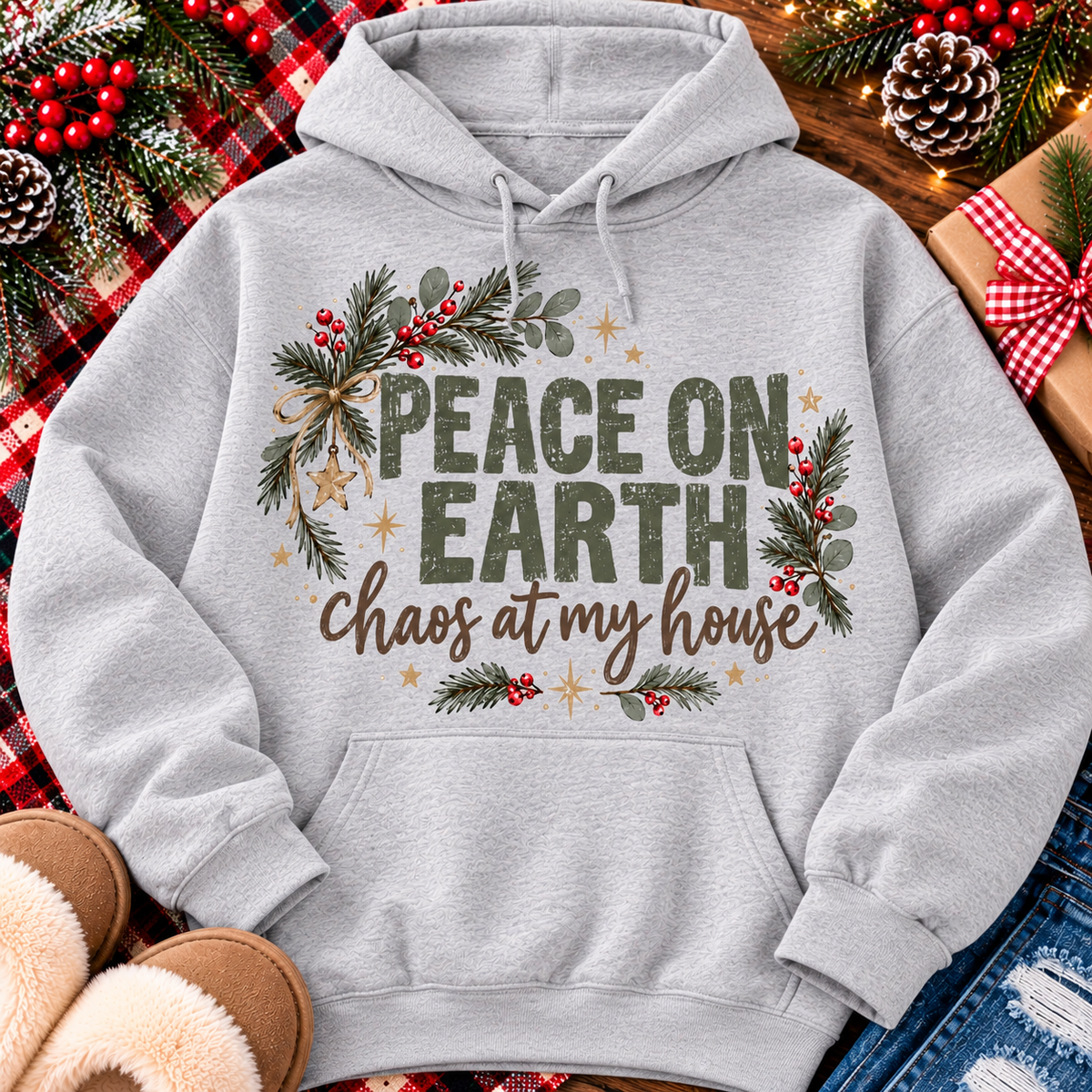 Peace on Earth Chaos at My House funny Christmas graphic apparel featuring distressed olive green lettering, rustic pine greenery, red berries and gold stars, available in sand and sport grey in short sleeve crewneck tees, V-neck tees, sweatshirts and hoodies.