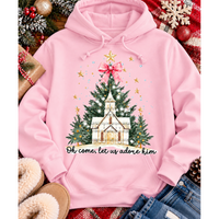 Oh Come Let Us Adore Him Christian Christmas graphic apparel with church, Christmas trees, stars and pink bow