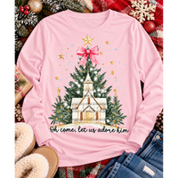 Oh Come Let Us Adore Him Christian Christmas graphic apparel with church, Christmas trees, stars and pink bow