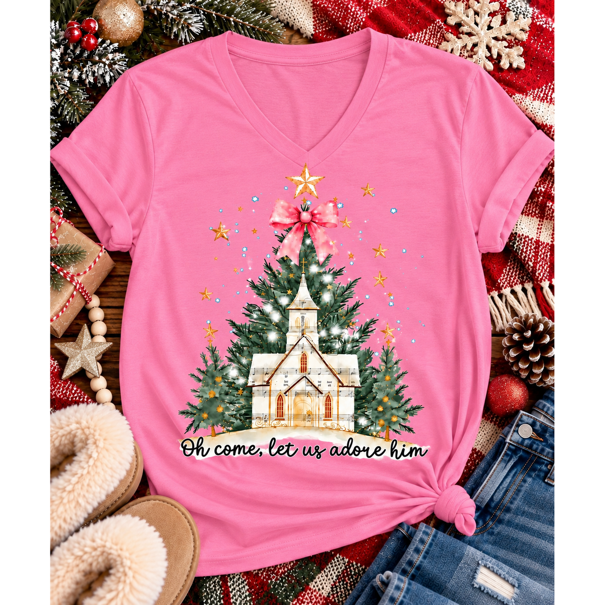 Oh Come Let Us Adore Him Christian Christmas graphic apparel with church, Christmas trees, stars and pink bow