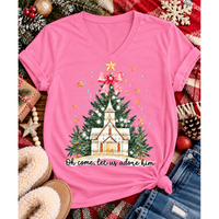 Oh Come Let Us Adore Him Christian Christmas graphic apparel with church, Christmas trees, stars and pink bow