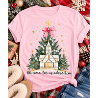 Oh Come Let Us Adore Him Christian Christmas graphic apparel with church, Christmas trees, stars and pink bow