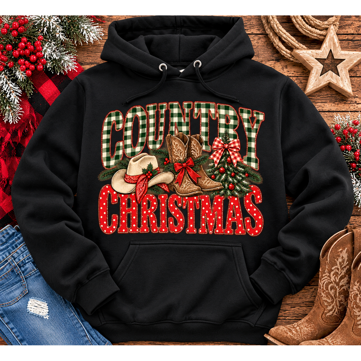 Country Christmas graphic tee with green plaid lettering, red polka dots, cowboy boots, western hat and festive Christmas bows.