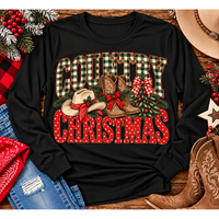 Country Christmas graphic tee with green plaid lettering, red polka dots, cowboy boots, western hat and festive Christmas bows.