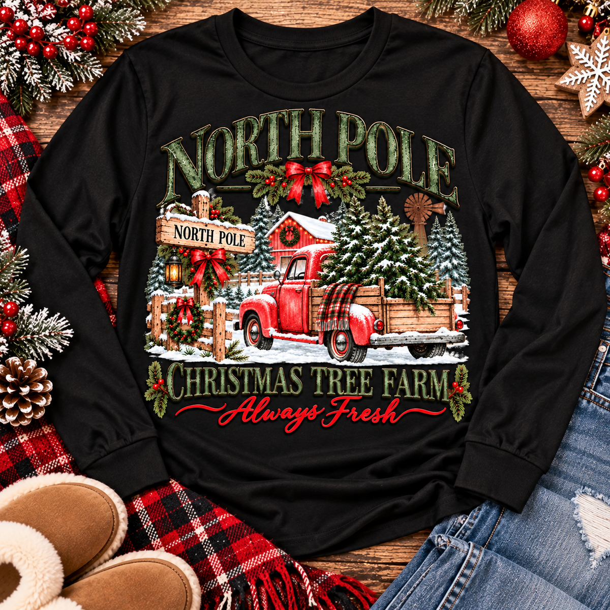 North Pole Christmas Tree Farm vintage holiday graphic shirt featuring a red pickup truck carrying Christmas trees, snowy evergreen trees, rustic farmhouse scenery, festive red bows, and distressed green lettering reading North Pole Christmas Tree Farm Always Fresh. Available in beige and black in short sleeve crewneck, V-neck, long sleeve crewneck, and hoodie styles.