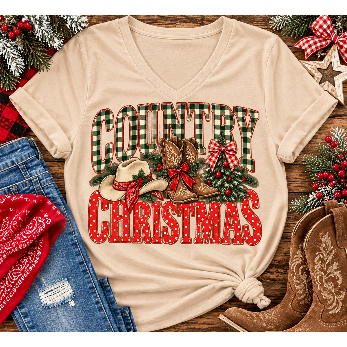 Country Christmas graphic tee with green plaid lettering, red polka dots, cowboy boots, western hat and festive Christmas bows.