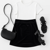 Women’s holiday velvet skirt with elastic waistband, velvet skirt styled for Christmas outfits.