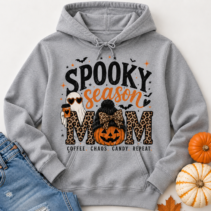 Spooky Season Mom Halloween graphic hoodie with leopard print, ghost, pumpkin and coffee design