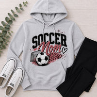 Gray Soccer Mom graphic hoodie with pink and black soccer ball, goal and leopard print design.