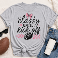 Classy Until Kick Off graphic crewneck tee with pink bow, football and pink checkerboard design