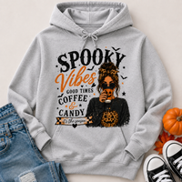 Spooky Vibes Halloween graphic hoodie featuring coffee, candy, pumpkin and leopard print fall design