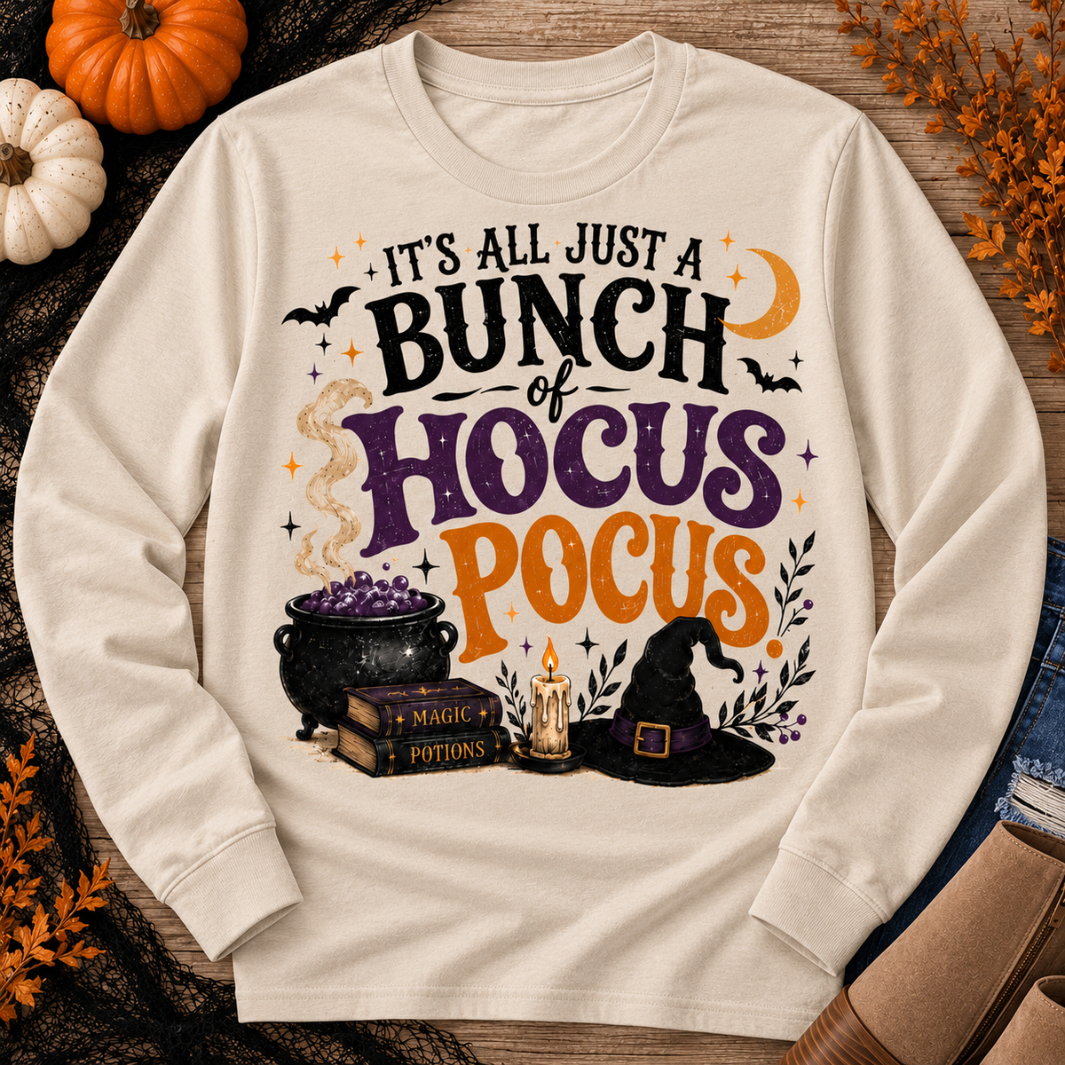Hocus Pocus Halloween graphic long sleeve tee with cauldron, witch hat and spell books