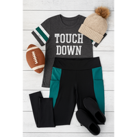 Julia Rose Gracie Green Panel Full Length Leggings women’s boutique leggings front view, Woman wearing Julia Rose Gracie leggings with green panel detail