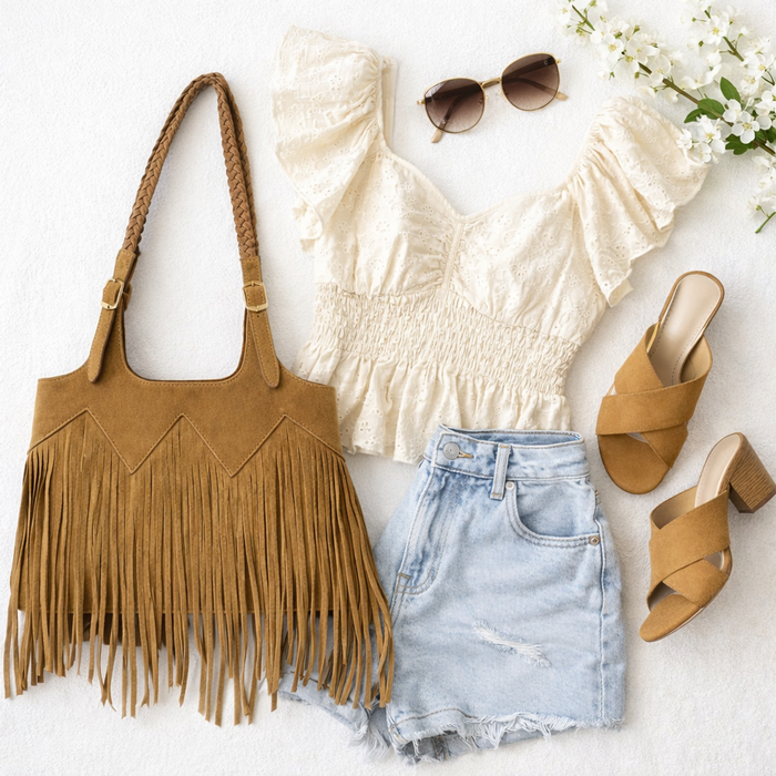 fringe shoulder bag with braided straps styled