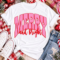 Merry and Bright Christmas graphic apparel with oversized pink polka dot lettering and festive holiday design
