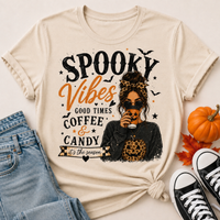 Cream Spooky Vibes Halloween graphic tee with coffee, pumpkin, bats and leopard print details.