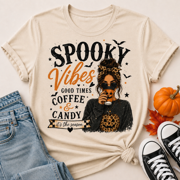 Cream Spooky Vibes Halloween graphic tee with coffee, pumpkin, bats and leopard print details.