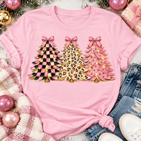 Pink leopard and checkered Christmas trees graphic apparel for women in pink and black
