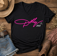 Black Dolly tribute graphic T-shirt featuring bright pink Dolly script with white XOXO and heart details.