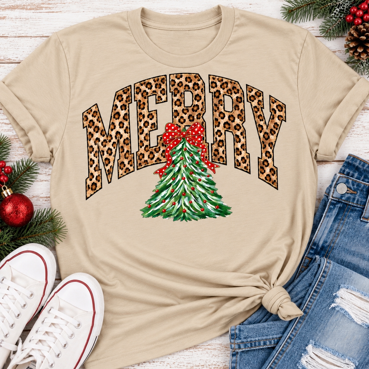MERRY leopard print Christmas tree graphic apparel for women in black, red and beige
