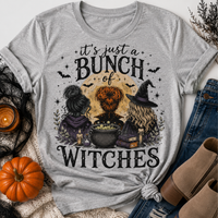 Gray It’s Just a Bunch of Witches Halloween graphic tee featuring three witches, cauldron, bats and spooky details.