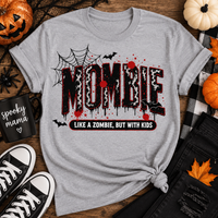 Gray crewneck Mombie Halloween mom graphic tee with black and red zombie design