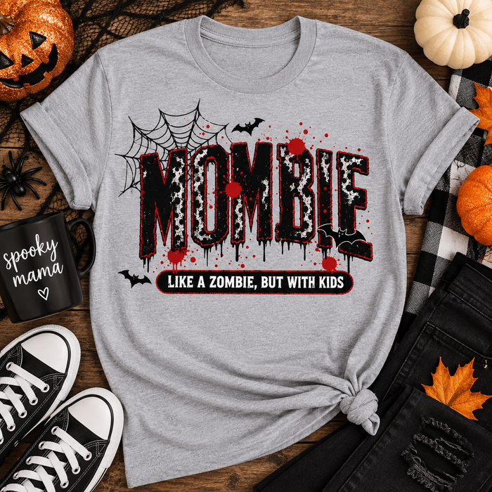 Gray crewneck Mombie Halloween mom graphic tee with black and red zombie design