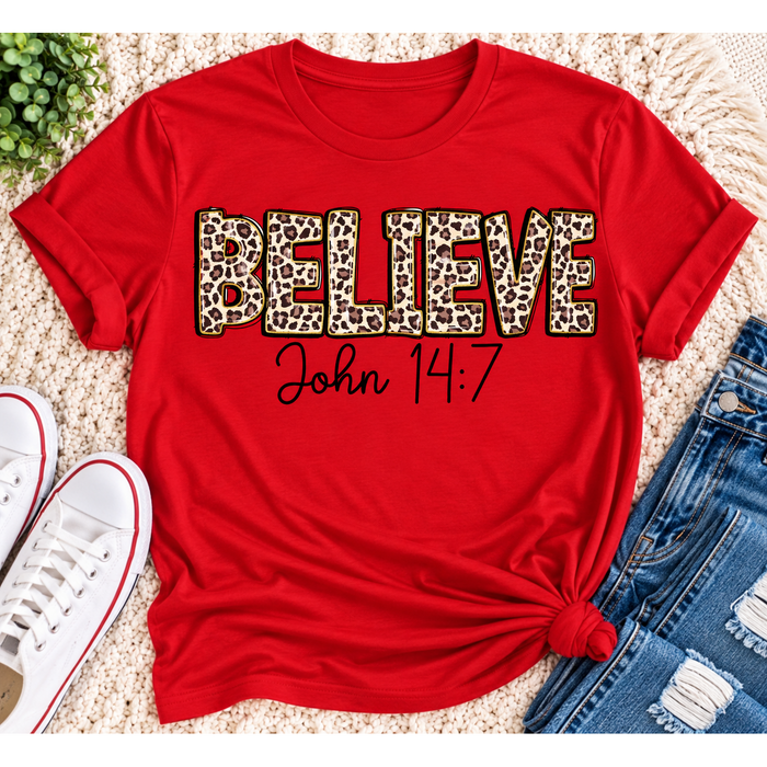 Believe John 14:7  leopard print Christian graphic shirt available in short sleeve crewneck, V-neck, long sleeve and hoodie styles.
