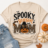 Spooky Season Mom Halloween graphic V-neck tee with leopard print, ghost, pumpkin and coffee design