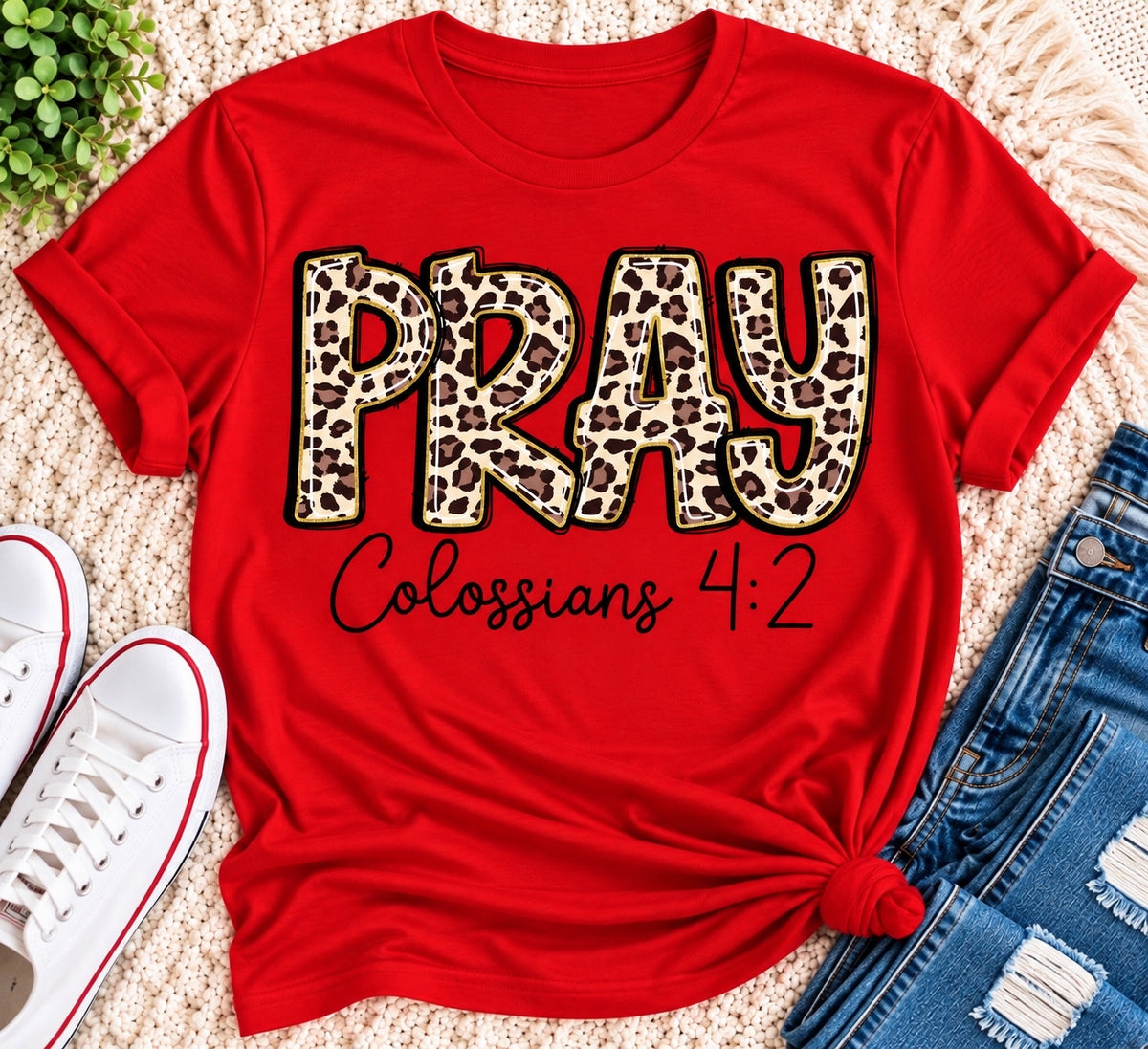 PRAY Colossians 4:2 leopard print Christian graphic shirt available in short sleeve crewneck, V-neck, long sleeve and hoodie styles.