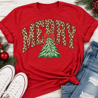 MERRY leopard print Christmas tree graphic apparel for women in black, red and beige
