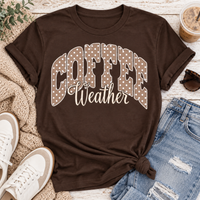 Coffee Weather polka dot graphic shirt available in brown and beige V-neck, crewneck tee, long sleeve tee and hoodie styles.