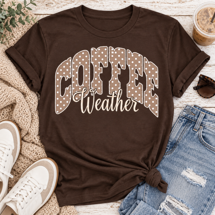 Coffee Weather polka dot graphic shirt available in brown and beige V-neck, crewneck tee, long sleeve tee and hoodie styles.