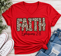 FAITH Ephesians 2:8 leopard print Christian graphic apparel for women in beige and red