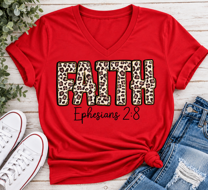 FAITH Ephesians 2:8 leopard print Christian graphic apparel for women in beige and red