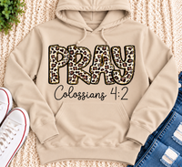 PRAY Colossians 4:2 leopard print Christian graphic shirt available in short sleeve crewneck, V-neck, long sleeve and hoodie styles.