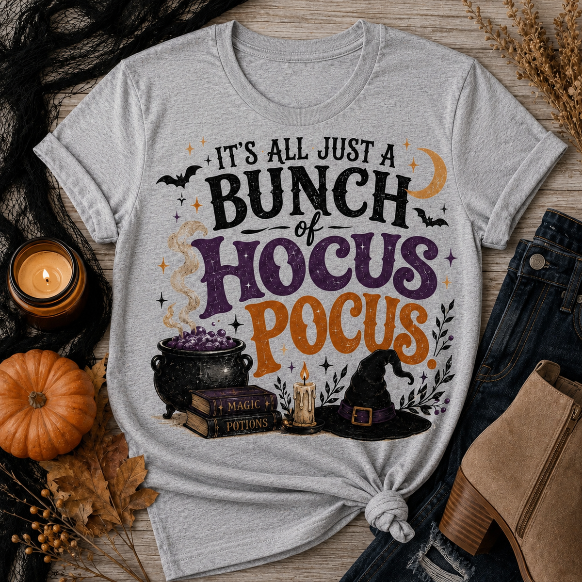 Gray Halloween graphic tee with It’s All Just a Bunch of Hocus Pocus lettering, cauldron, spell books, witch hat and bats.