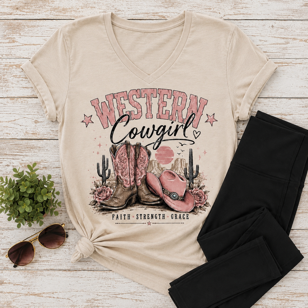 Western Cowgirl graphic V-neck tee featuring pink cowboy boots, hat and western desert design
