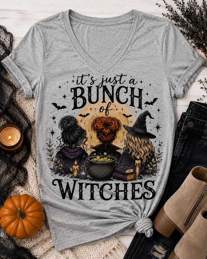 Bunch of Witches Halloween graphic V-neck tee with witches, cauldron and bats