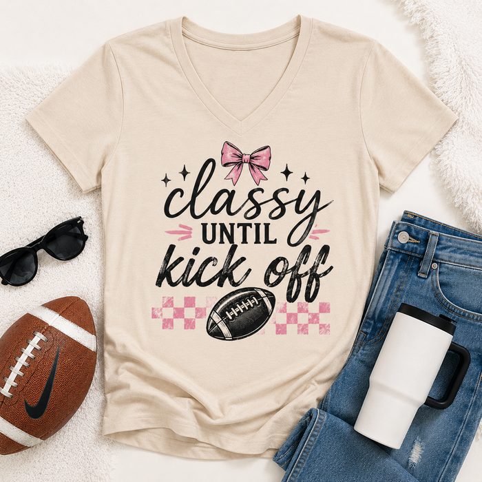 Classy Until Kick Off graphic V-neck tee with pink and black football game day design