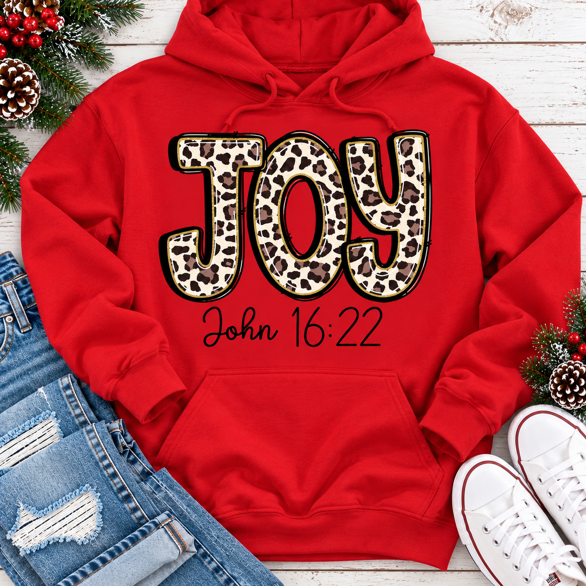 JOY John 16:22 leopard print Christmas graphic apparel available in four styles and two colors.