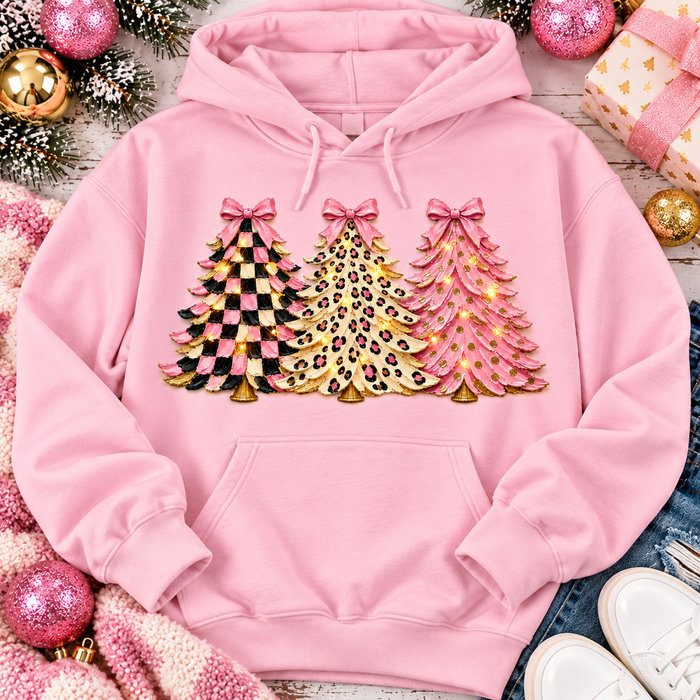 Pink leopard and checkered Christmas trees graphic apparel for women in pink and black