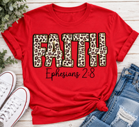 FAITH Ephesians 2:8 leopard print Christian graphic apparel for women in beige and red