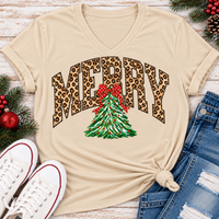 MERRY leopard print Christmas tree graphic apparel for women in black, red and beige