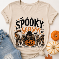 Spooky Season Mom Halloween graphic crewneck tee with leopard print, ghost, pumpkin and coffee design