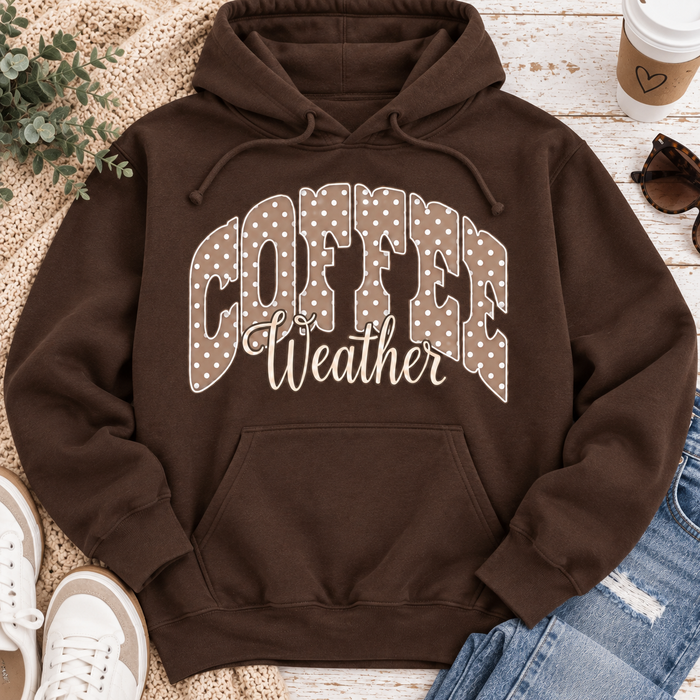 Coffee Weather polka dot graphic shirt available in brown and beige V-neck, crewneck tee, long sleeve tee and hoodie styles.